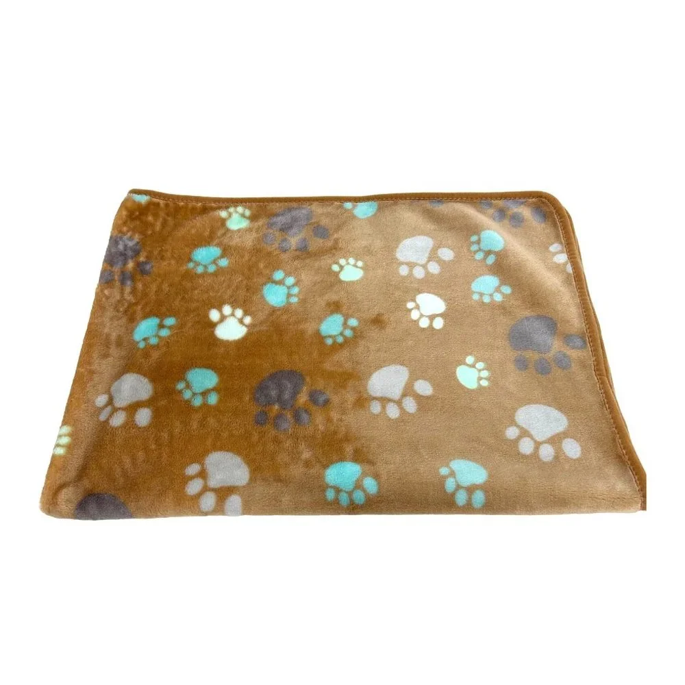 Dog Blanket Brown Tan Paw Print Soft Piping Edge 31”x 41” Blue Turquoise Grey
